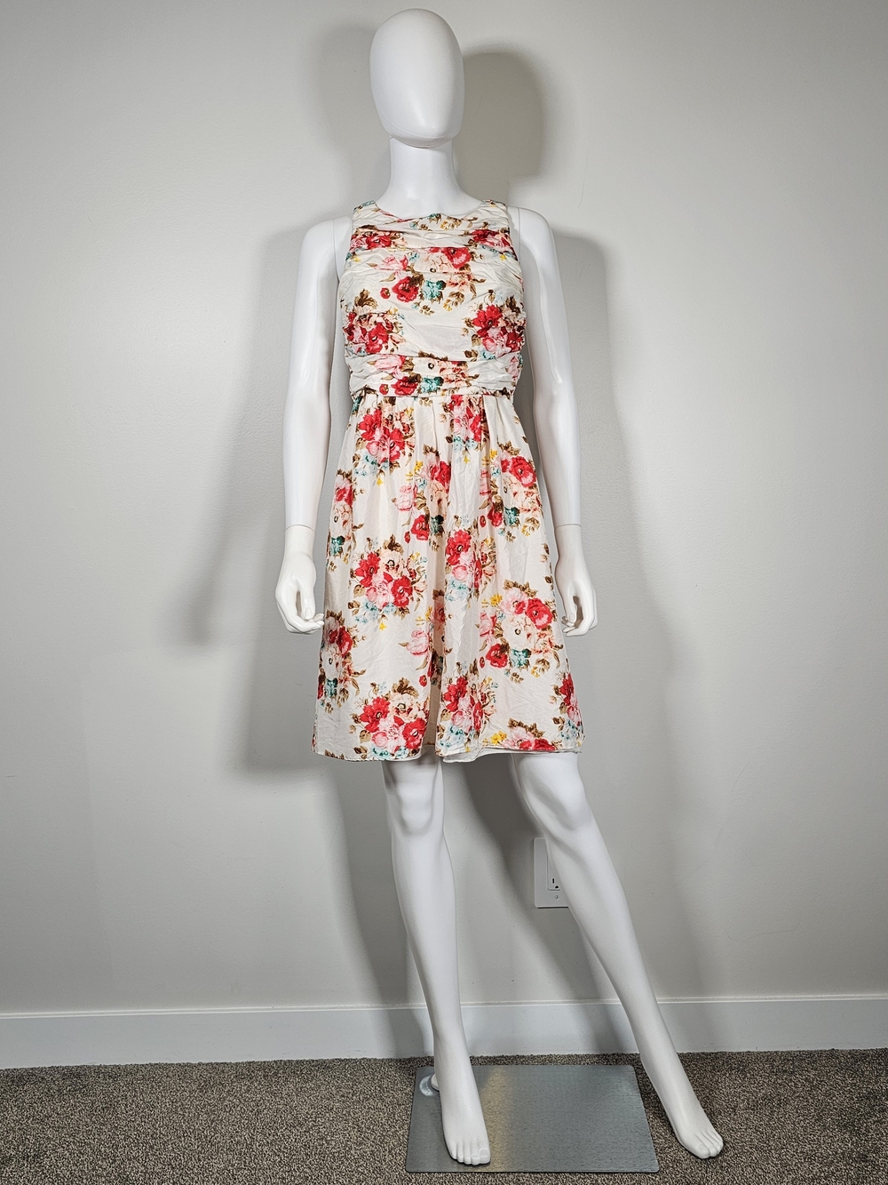 Alice + Olivia Cream Silk Floral Midi Dress with Pink & Red Blooms Sz 2 - 4